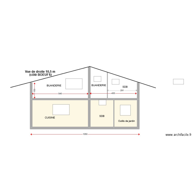 vue de droite 11m côté boeufs sans 2nd étage. Plan de 3 pièces et 26 m2