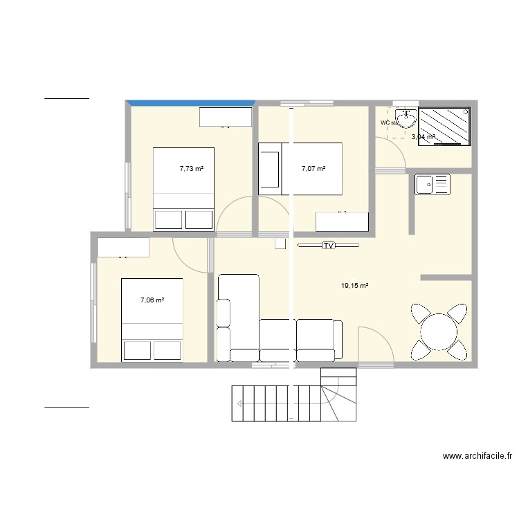 planca . Plan de 5 pièces et 44 m2