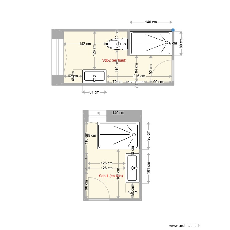 Sdb 1 et 2. Plan de 2 pièces et 11 m2