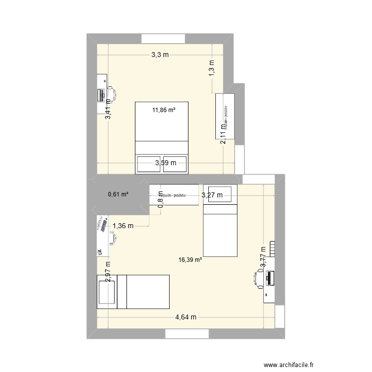 1er niveau. Plan de 3 pièces et 29 m2