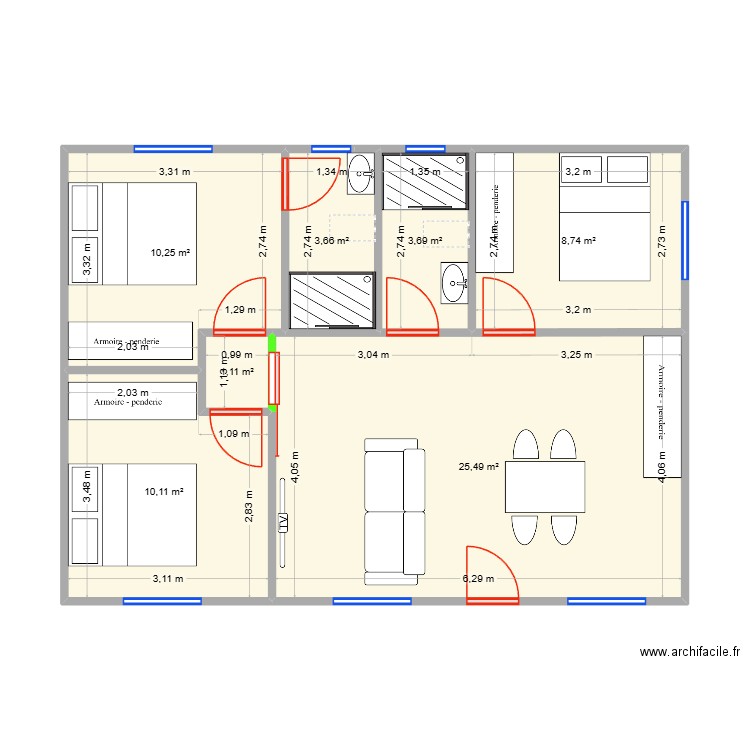 caneroun. Plan de 7 pièces et 63 m2
