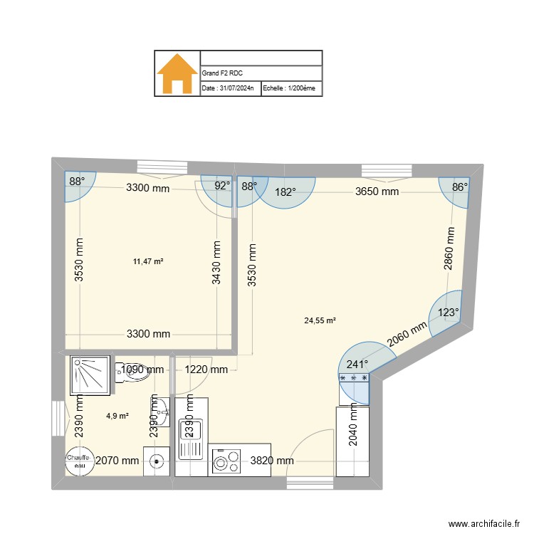 Grand F2 RDC avec cuisine plus grande. Plan de 3 pièces et 41 m2