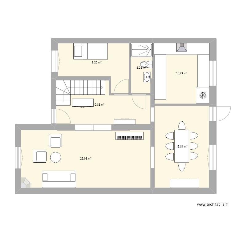 RdC. Plan de 6 pièces et 69 m2