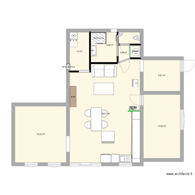 cui salon etc. Plan de 8 pièces et 89 m2