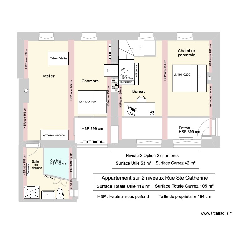 Appartement  Duplex Ste Catherine version portes. Plan de 33 pièces et 227 m2