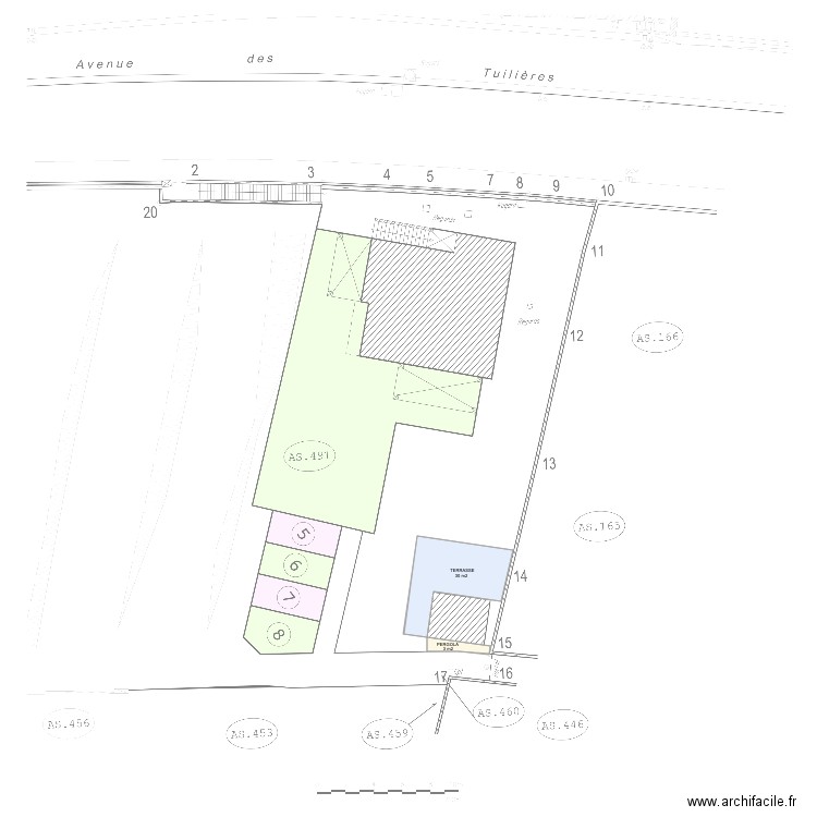 Plan pergola et terrasse. Plan de 2 pièces et 33 m2