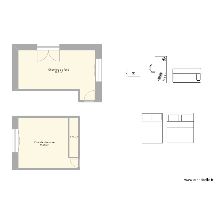 Chambres. Plan de 3 pièces et 27 m2