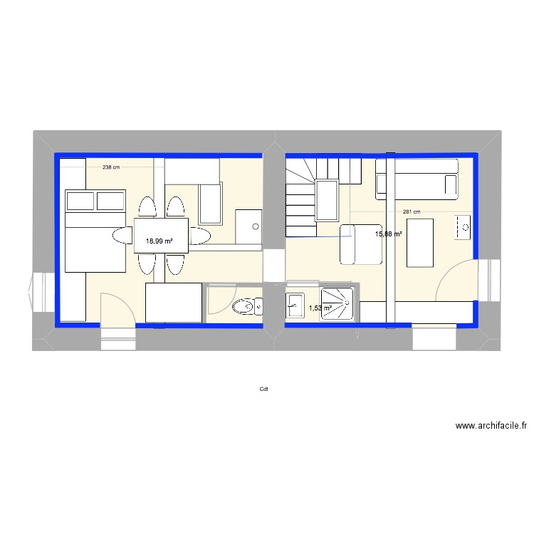 PM N1cuisine avec échelle meunier. Plan de 3 pièces et 36 m2