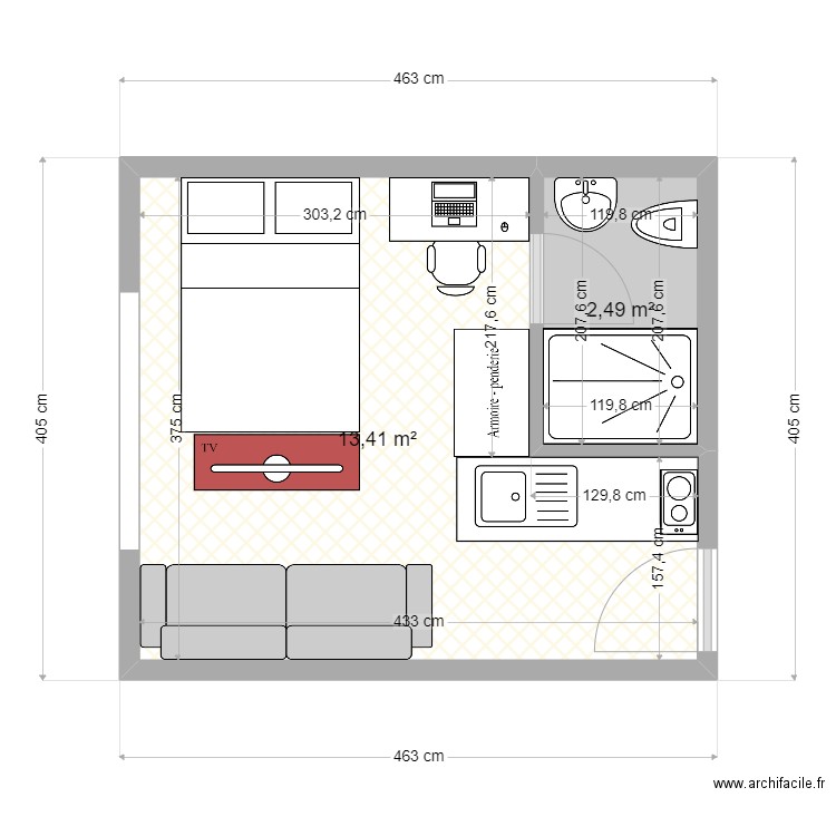 studio rca. Plan de 2 pièces et 16 m2