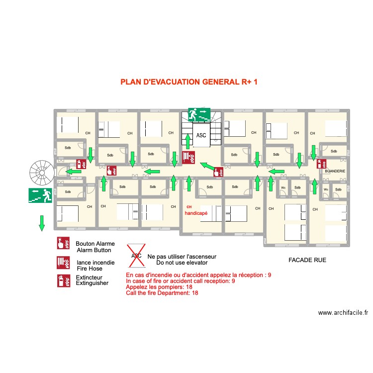 Plan évacuation 1er Etage Général. Plan de 33 pièces et 51 m2