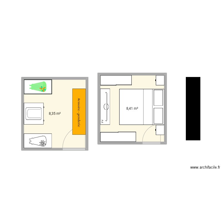 Chambres. Plan de 2 pièces et 17 m2