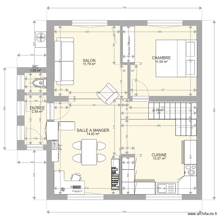 RdC Maison. Plan de 7 pièces et 58 m2
