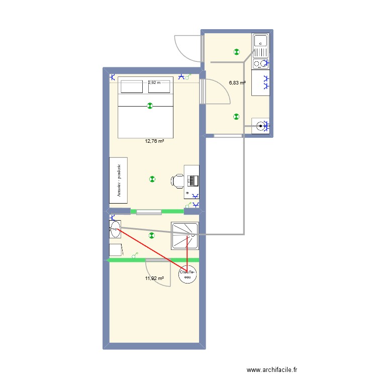 Woluwe - Aménagement studio. Plan de 3 pièces et 32 m2