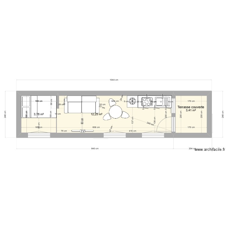 Tiny House. Plan de 7 pièces et 42 m2