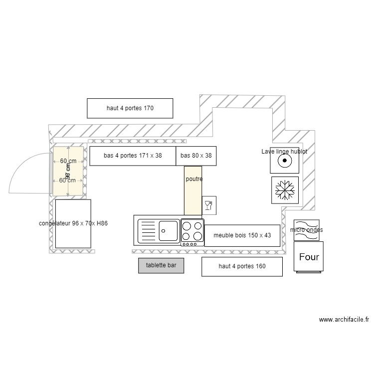 cuisine longère. Plan de 0 pièce et 0 m2