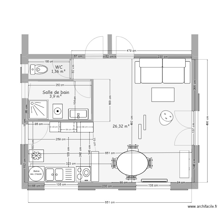 cuisine. Plan de 3 pièces et 32 m2