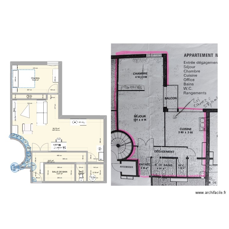 Montreuil V2 chambre. Plan de 7 pièces et 56 m2