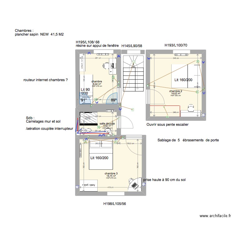 1° etage Fleurus . Plan de 4 pièces et 42 m2