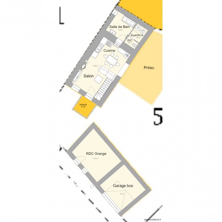 RDC Maison et grange actuel. Plan de 0 pièce et 0 m2