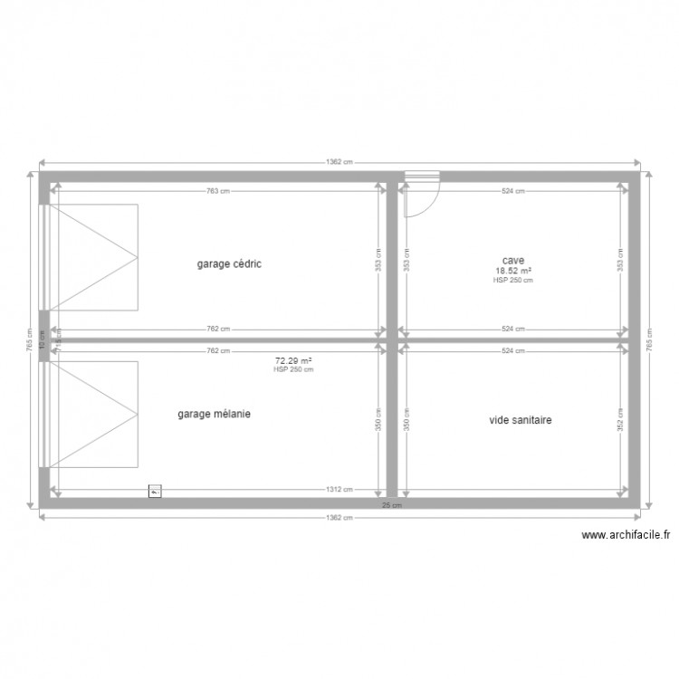 sous sol. Plan de 2 pièces et 91 m2