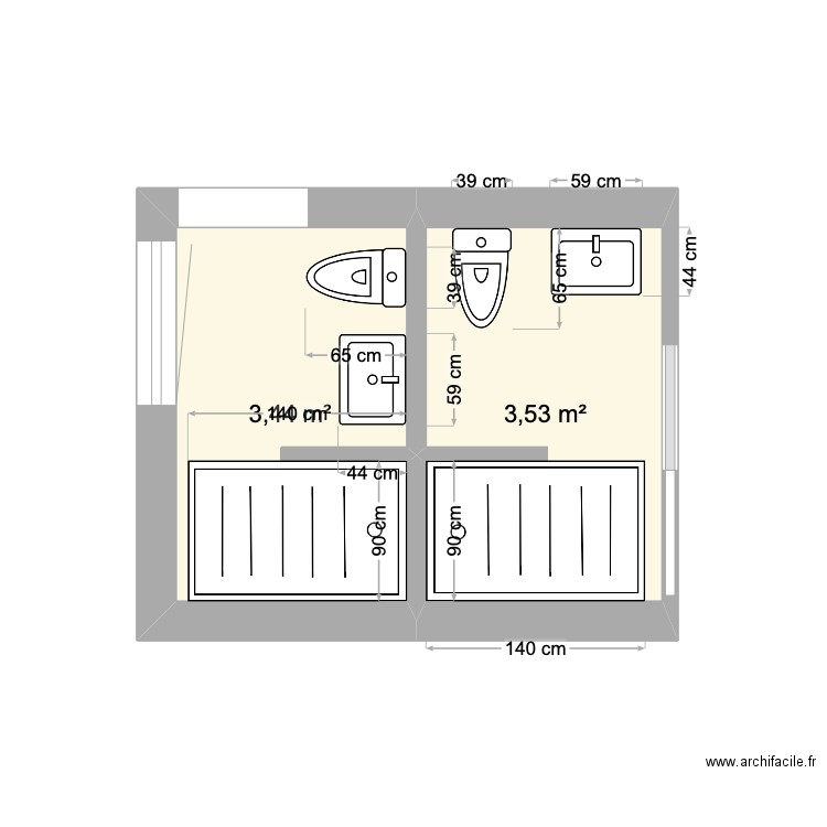 sdb double etage . Plan de 2 pièces et 7 m2