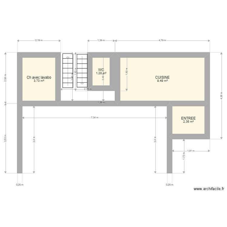 Maison Doullens 8 mai RDC. Plan de 4 pièces et 17 m2