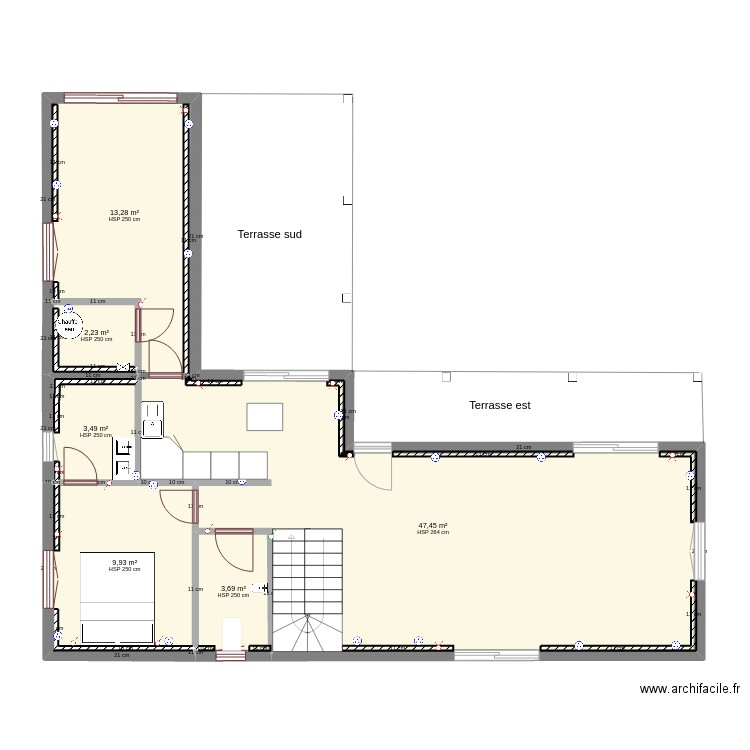 rez de chaussée razetta sans les cotations. Plan de 6 pièces et 80 m2