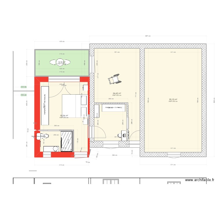 Extension chambre, salle de bain, dressing.. Plan de 4 pièces et 87 m2