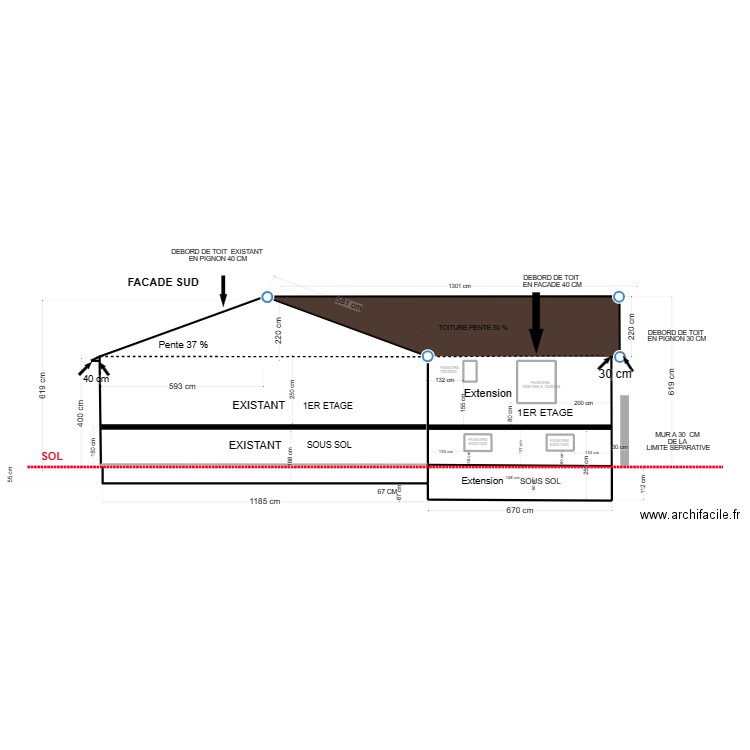 plan de coupe facade sud version définitve. Plan de 7 pièces et 72 m2