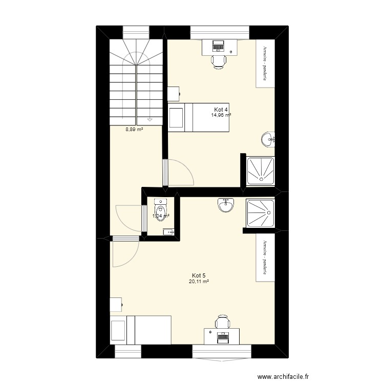 Fort 42 - 1er étage. Plan de 4 pièces et 45 m2