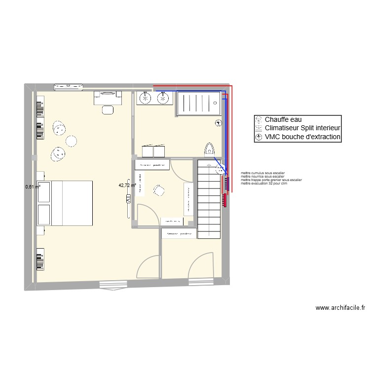 plan rdc v2 eau. Plan de 2 pièces et 43 m2