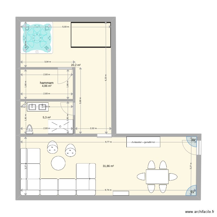 espace orient. Plan de 4 pièces et 62 m2