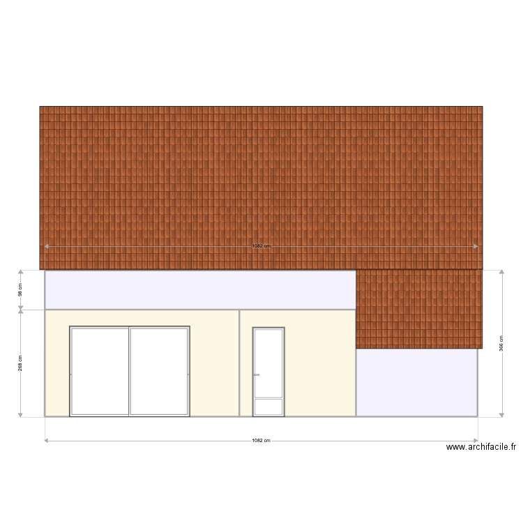 facade est avec extension. Plan de 4 pièces et 39 m2