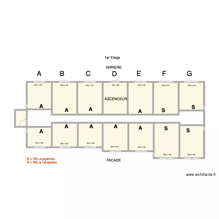 Toilettes par chambres. Plan de 