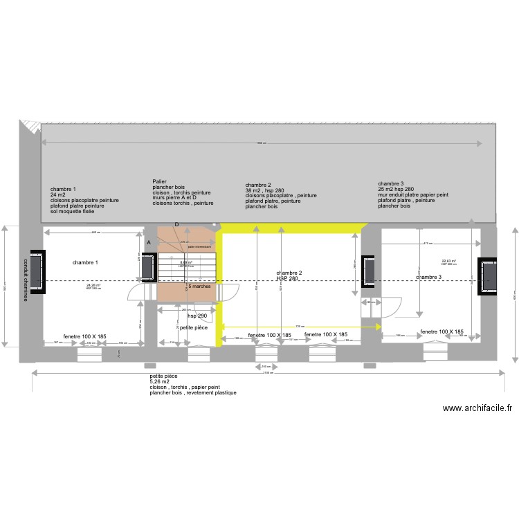 ETAGE MAISON PRINCIPALE. Plan de 3 pièces et 56 m2