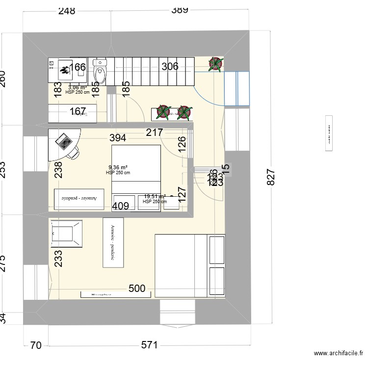 V1_longère-escalier nord. Plan de 7 pièces et 97 m2