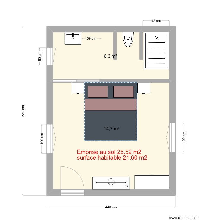 Extension chambre 1. Plan de 2 pièces et 21 m2