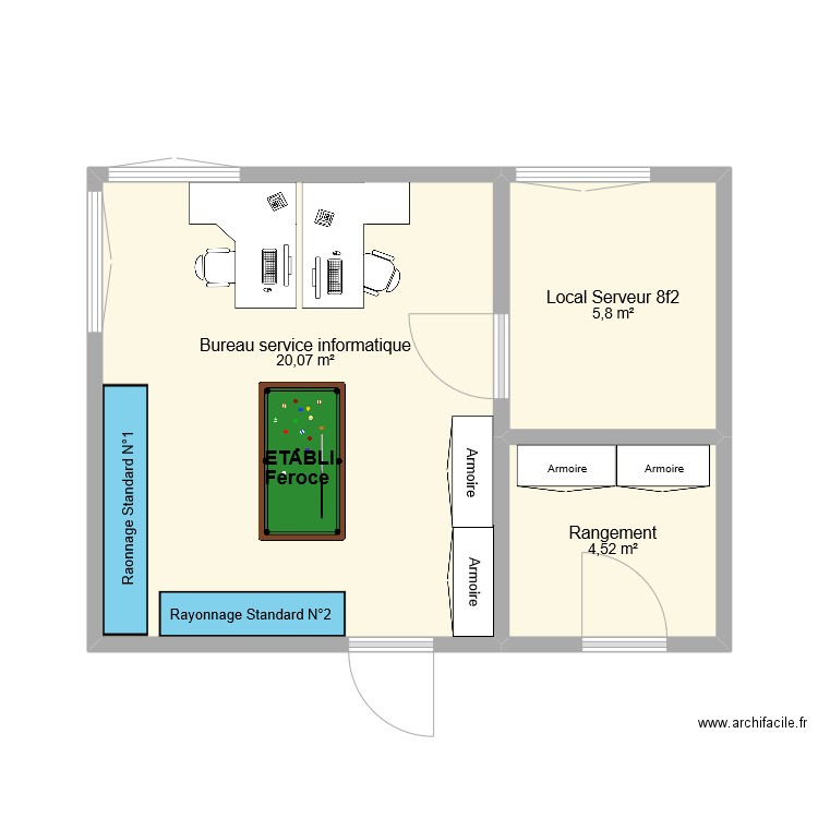 Bureau service informatique. Plan de 3 pièces et 30 m2