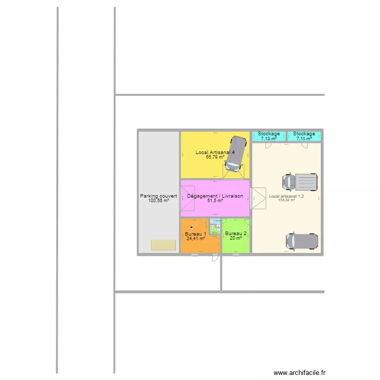 Atelier APC 2 locaux artisanaux coup&eacute;. Plan de 
