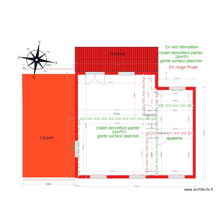 demolition et Projet. Plan de 6 pièces et 41 m2