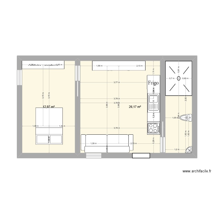 Chez maman nouveau. Plan de 2 pièces et 39 m2
