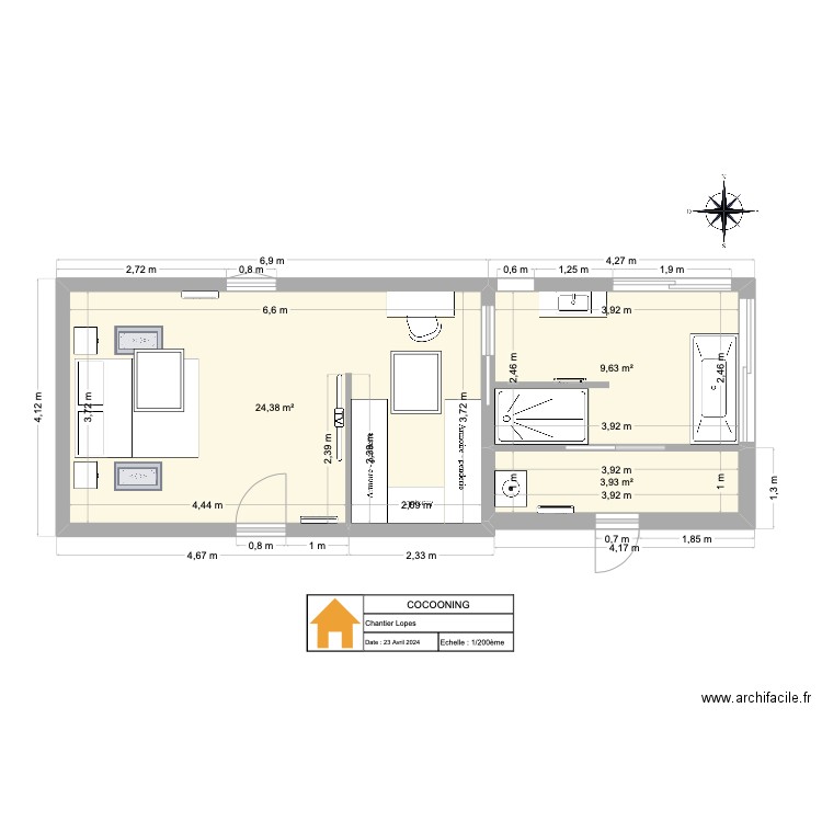 Lopes. Plan de 3 pièces et 38 m2