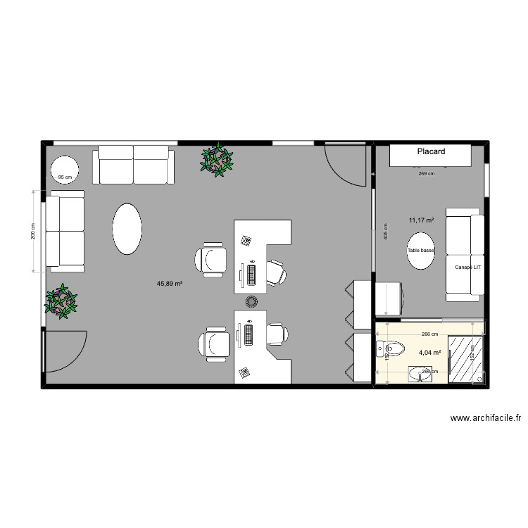 PL1. Plan de 3 pièces et 61 m2