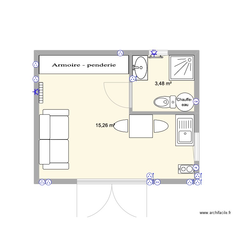 Chalet Castel 20m2. Plan de 2 pièces et 19 m2