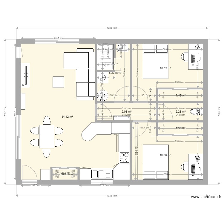 petite maison 2 chambres plein pied. Plan de 0 pièce et 0 m2