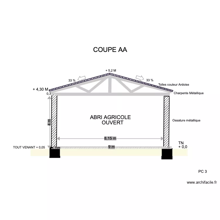 coupe AA abri agricole. Plan de coupe AA abri agricole. Plan de