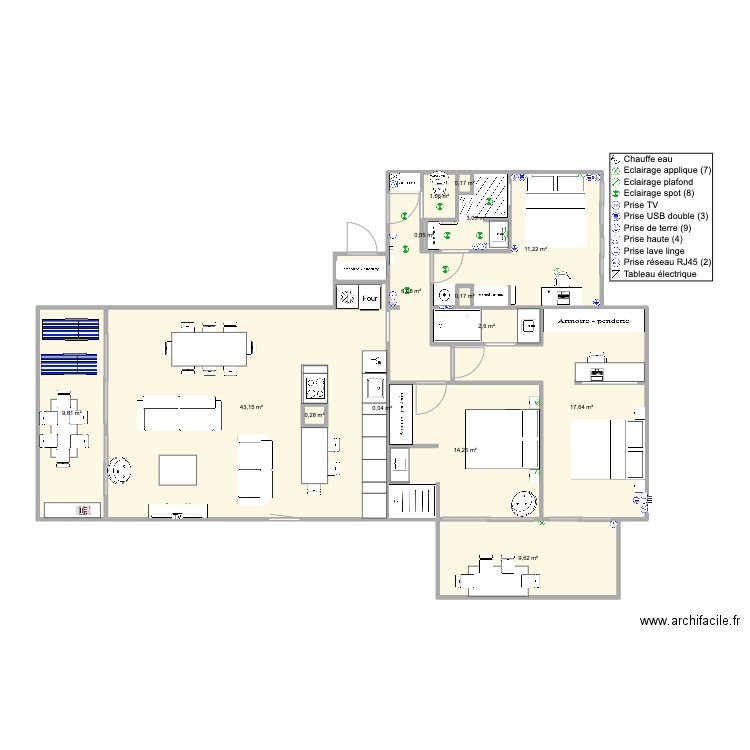 Santa Clara 2 face mer version famille Vtest. Plan de 15 pièces et 120 m2