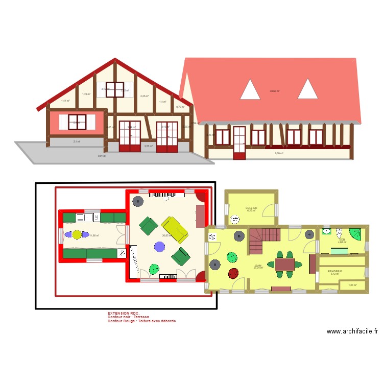 PROJET REDUIT AVEC CUISINE ET ETAGE. Plan de 38 pièces et 183 m2