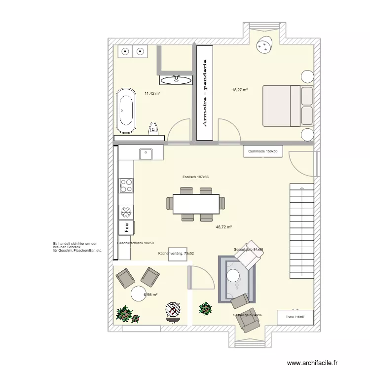 Wohnung Dana - Variante Salon unten - ohne Sofa/TV. Plan de 4 Pièces et 85 m² Wohnung Dana - Variante Salon unten - ohne Sofa/TV. Plan de 4 Pièces et 85 m²