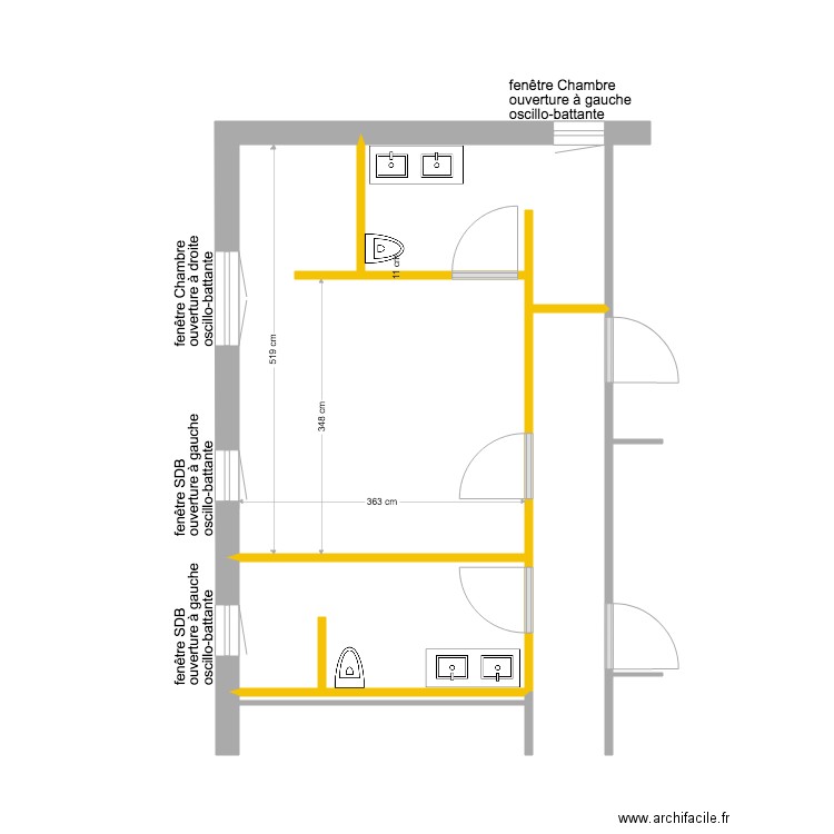 Plan SDB Chambre Fenêtres     VARIANTE 2. Plan de 0 pièce et 0 m2